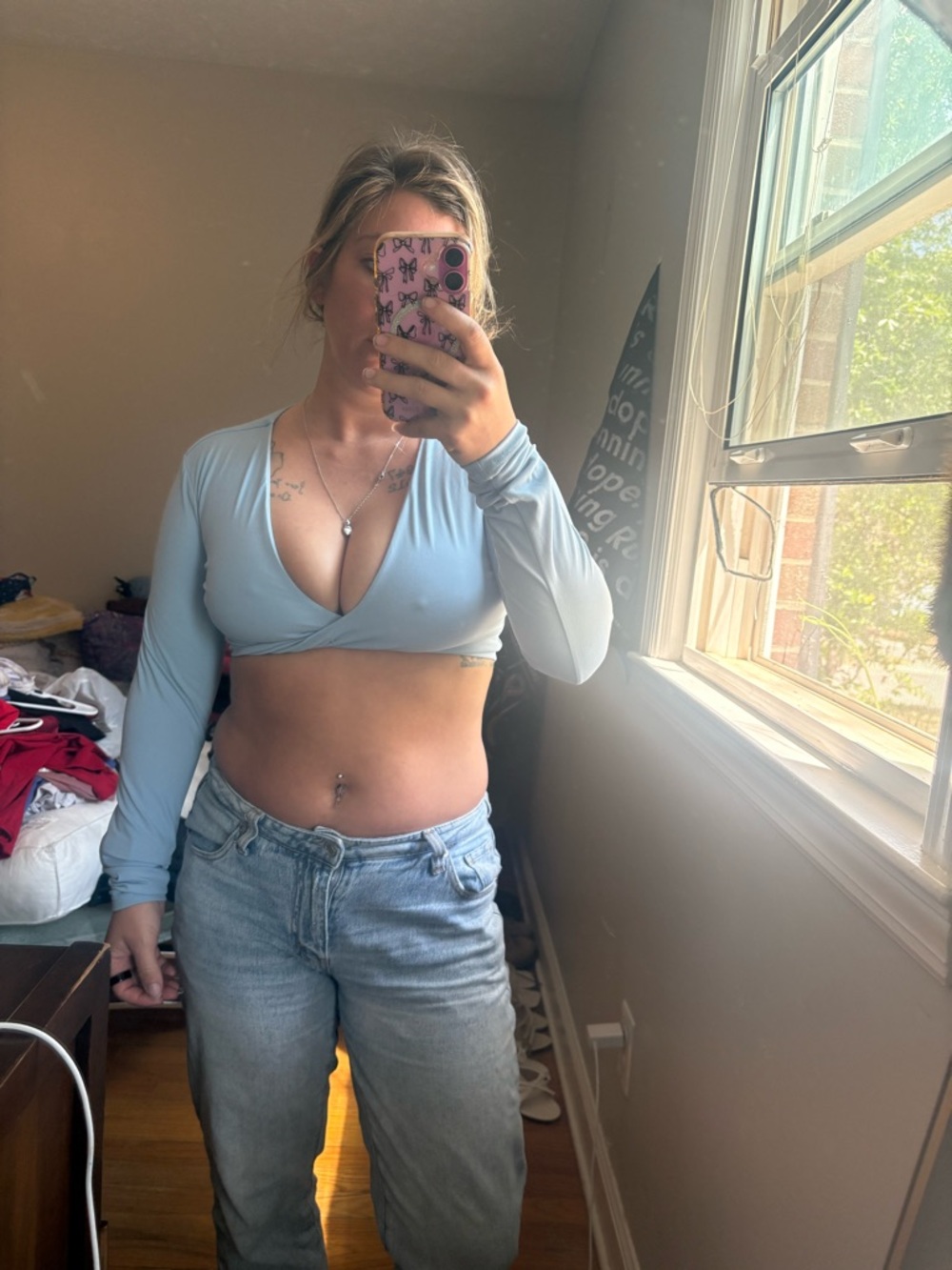 Amazon Light Blue, red, and purple long-Sleeve Wrap Crop Top - Picture 1 of 4